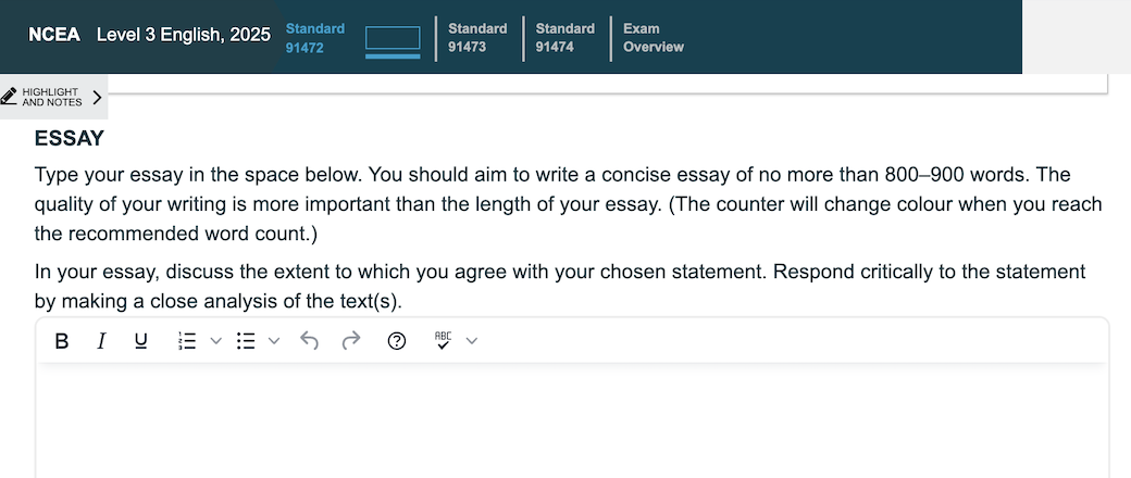 Official NZQA digital exam interface