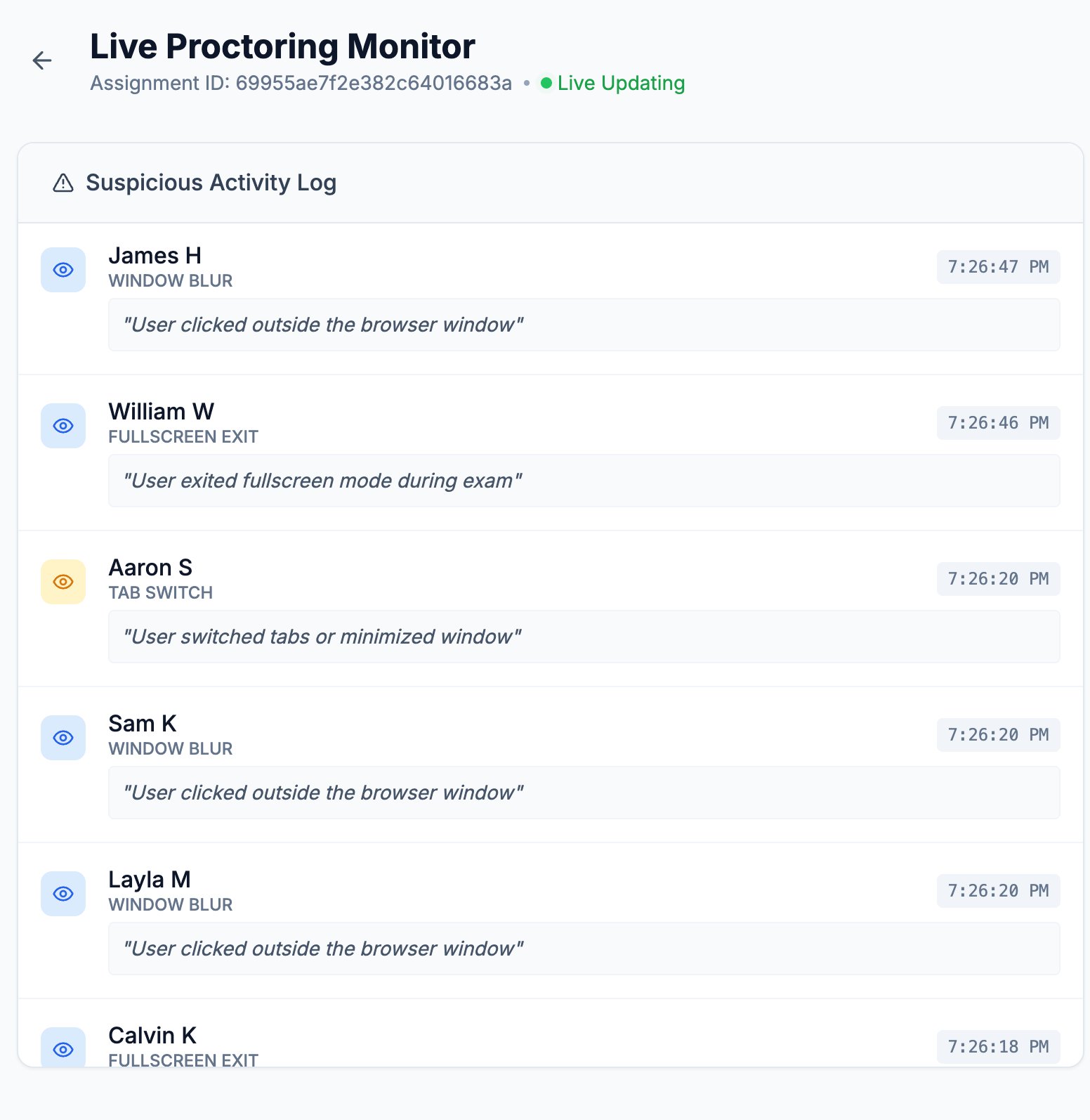Live Proctoring Monitor showing a suspicious activity log