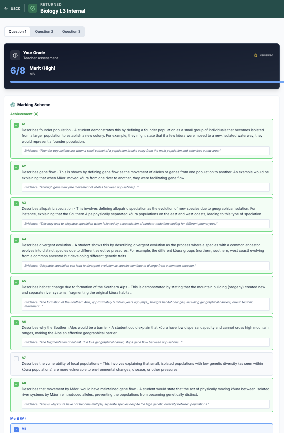 Student feedback and marking criteria in NCEAGrader